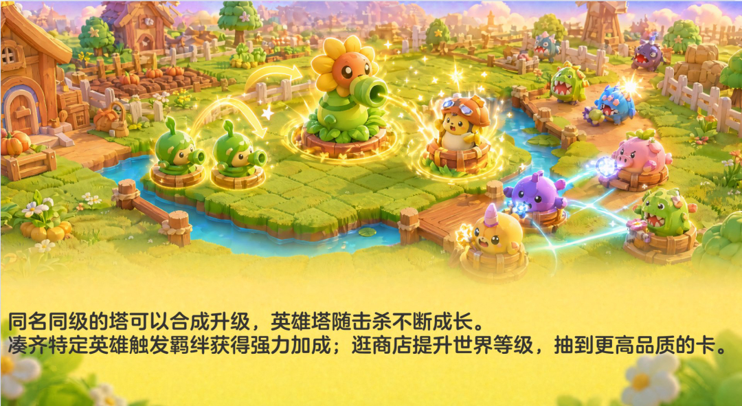 同名同级塔合成升级，英雄塔成长并触发羁绊