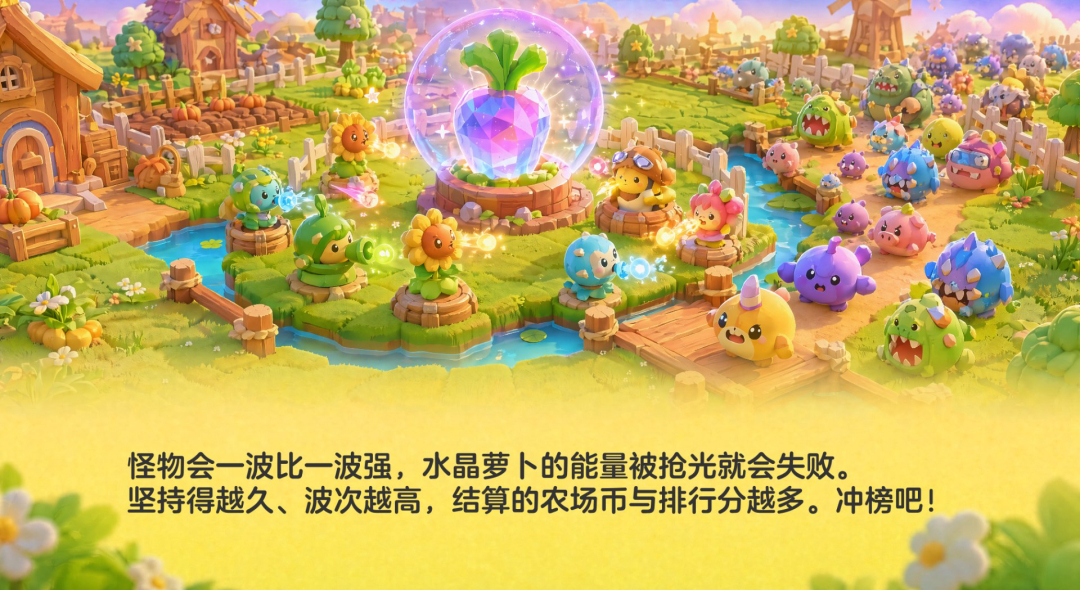 怪物波次增强，守住水晶萝卜核心