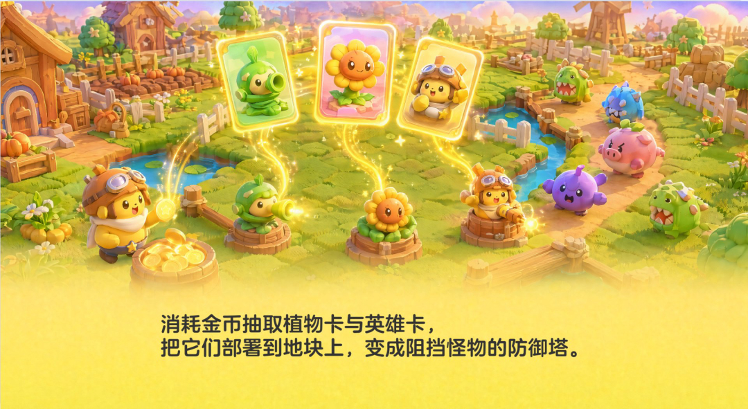 消耗金币抽取植物卡与英雄卡并部署到地块